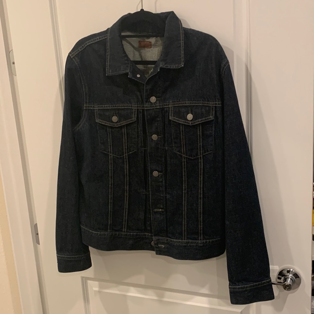 JCREW DARK WASH JEAN JACKET LARGE W/ TAN STITCHING REGULAR FIT